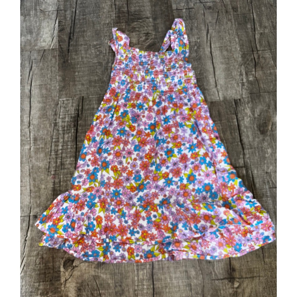 Hatley Girls Floral Smocked Sundress Retro Daisy Print Ruffle Hem Size 4